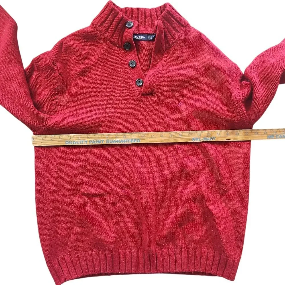 Nautica Red Wool Blend Sweater Men’s XXL Quarter Button Mock Neck Pullover Prep
